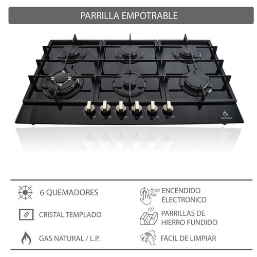 Combo campana de cocina de acero inoxidable color negro y parrilla empotrable de cristal templado SUPRA CASTELLUCIO campana extractora de 3 velocidades con parrilla a gas