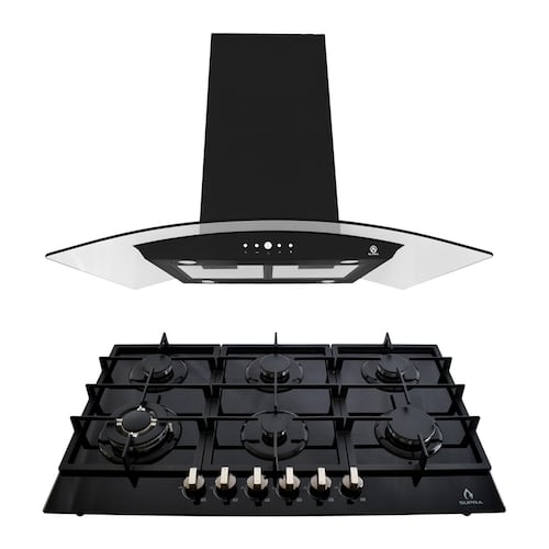 Combo parrilla a gas de 6 quemadores y campana de isla en cristal templado SUPRA MONTALCINO ambas en color negro