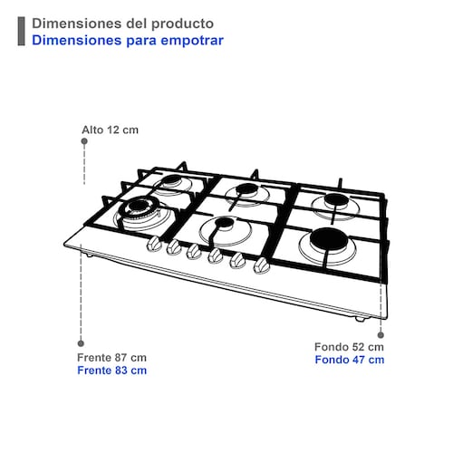 Combo parrilla a gas de 6 quemadores y campana de isla en cristal templado SUPRA MONTALCINO ambas en color negro