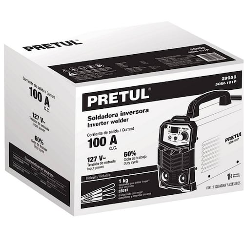 Soldadora inversora, mini 100A, 127 V  Ligera y compacta soldaduras de electrodos revestido (SMAW) y tungsteno (TIG)SOIN-101P PRETUL 