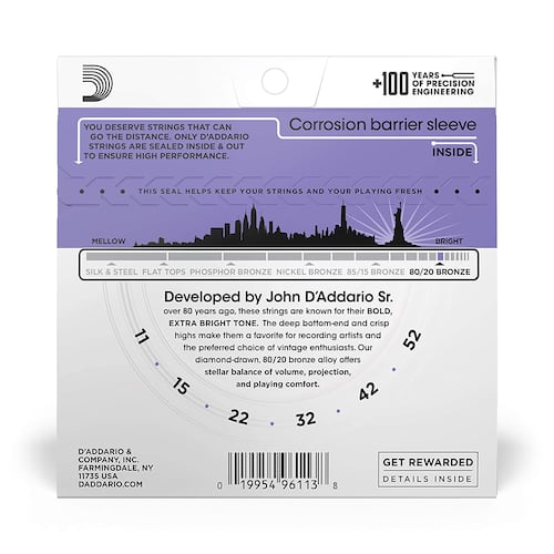 Cuerdas para guitarra acústica D´Addario EJ13 Calibre 11 - 52 Custom Light 