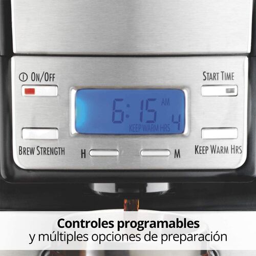 Cafetera Hamilton Beach  programable, Dispensador automatico  Plata y Neg 48465