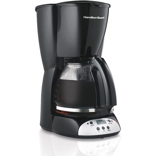 Cafetera Hamilton Beach programable de 12 tazas, jarra de vidrio, negro y plateado, 49465R