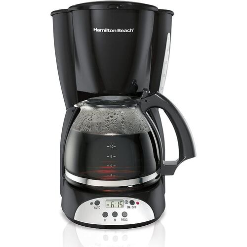 Cafetera Hamilton Beach programable de 12 tazas, jarra de vidrio, negro y plateado, 49465R