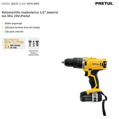 Rotomartillo de 1/2 Pretul Inalámbrico de Batería de Ion Litio de 20v ROTI-20P2 perfora Concreto Metal Madera desatornillador Taladro con Luz Led