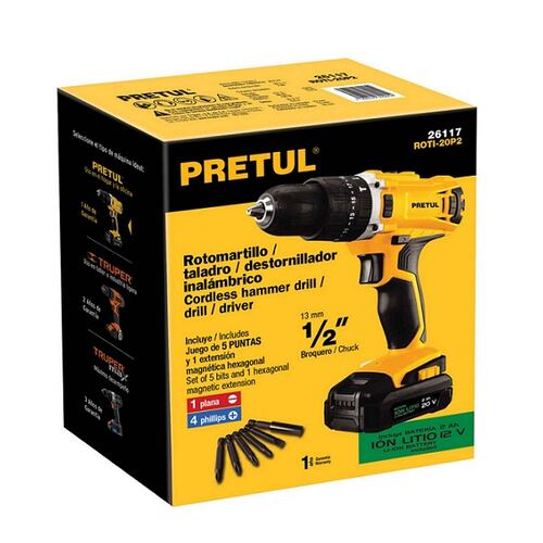 Rotomartillo de 1/2 Pretul Inalámbrico de Batería de Ion Litio de 20v ROTI-20P2 perfora Concreto Metal Madera desatornillador Taladro con Luz Led