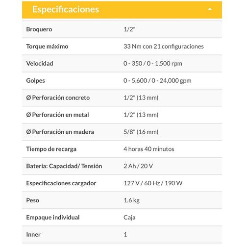 Rotomartillo de 1/2 Pretul Inalámbrico de Batería de Ion Litio de 20v ROTI-20P2 perfora Concreto Metal Madera desatornillador Taladro con Luz Led