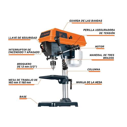 Taladro de Banco de 1/2 x 8" Truper TAPI-8 de 1/3 HP de 250W Uso en Talleres Perfora Metales Acero Madera Plásticos