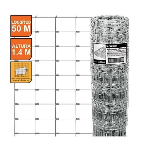 Malla Ganadera de Acero Galvanizado, 1.40 X 50 m Cercos Perimetrales, Huertos, Corrales MAGA-50X14 FIERO 