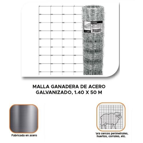 Malla Ganadera de Acero Galvanizado, 1.40 X 50 m Cercos Perimetrales, Huertos, Corrales MAGA-50X14 FIERO 
