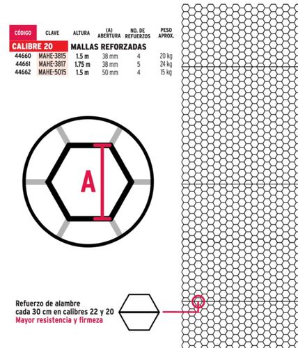 Malla de Acero Galvanizado, Hexagonal, 38 mm x 1.75 m cal.20  (45 de Longitud) para Cercar-Corrales MAHE-3817 FIERO 