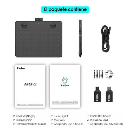 Tableta Digitalizadora Diseño Dibujo 6x4 pulgadas Parblo A640 V2 Negra .