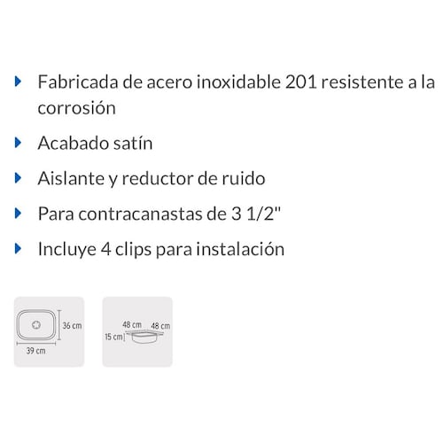 TARJA DE COCINA DE EMPOTRAR 38 X 38 CM, TIPO BAR DE ACERO INOXIDABLE TA-38 B  FOSET 