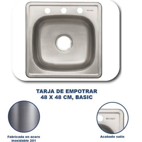 Tarja de empotrar para Cocina-Casa -Hogar 48 x 48 cm,de acero Inoxidable para Contracanasta de 3 1/2"TA-48B  Basic