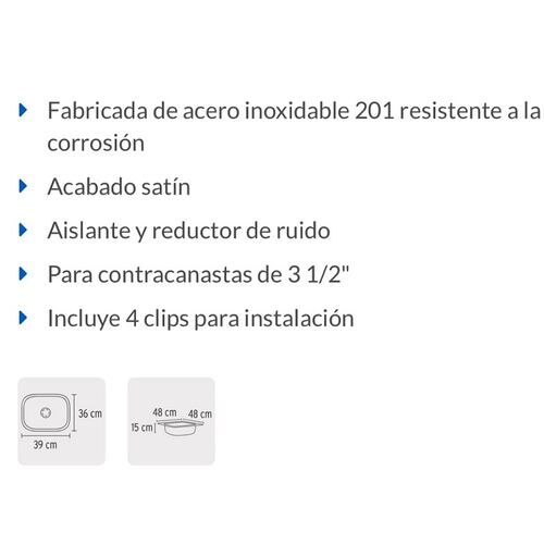 Tarja de empotrar para Cocina-Casa -Hogar 48 x 48 cm,de acero Inoxidable para Contracanasta de 3 1/2"TA-48B  Basic