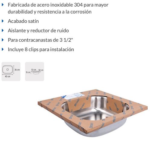 Tarja de empotrar 50 x 53 cm para Regadero para Cocina-Casa -Hogar de acero inoxidable 304  TA-553 Foset ara mayor durabilidad 