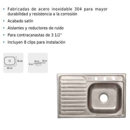 Tarja de empotrar 80 x 50 cm, tina derecha Fregadero Cocina -Casa -Hogar de Acero Inoxidable TA-851D FOSET 