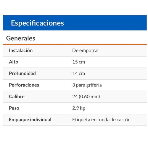 Tarja de empotrar 80 x 50 cm, tina derecha Fregadero Cocina -Casa -Hogar de Acero Inoxidable TA-851D FOSET 