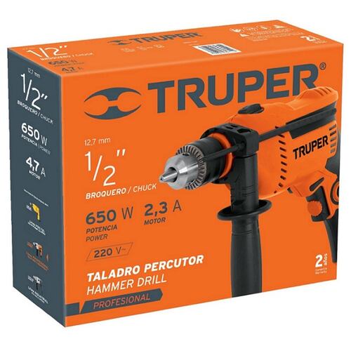 Rotomartillo Taladro Profesional Truper de 1/2" de 650W ROTO-1/2A7 Perforación Concreto Metal Plástico Madera