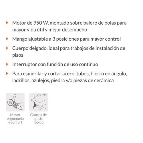 Esmeriladora Angular de 4 1/2" Ergo Pro Anti fatiga Cómoda Truper de 950W ERGO-4590 Pulidora Cortar Desbastar