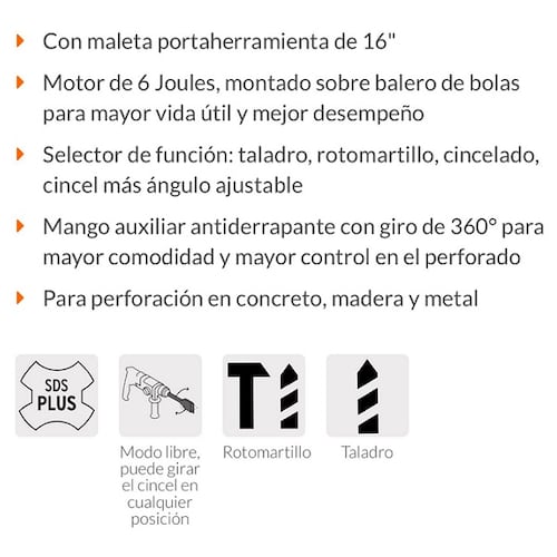 Rotomartillo-Taladro Industrial SDS Plus, 6 Joules, 1600 W para concreto-madera y metal  ROEL-60N TRUPER 