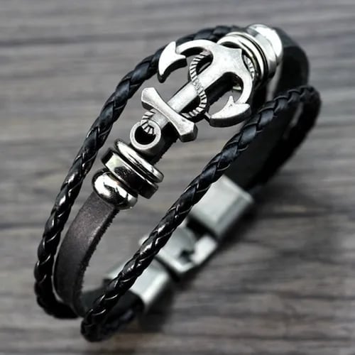 PULSERA DE ANCLA DE ACERO Y CUERO VINTAGE RETRO HOMBRE
