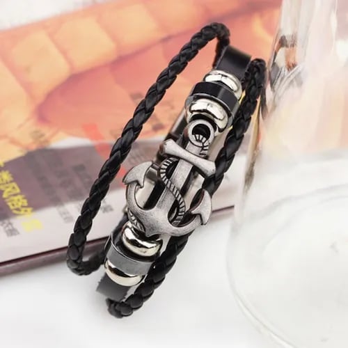 PULSERA DE ANCLA DE ACERO Y CUERO VINTAGE RETRO HOMBRE