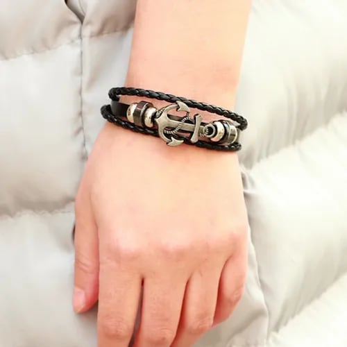 PULSERA DE ANCLA DE ACERO Y CUERO VINTAGE RETRO HOMBRE