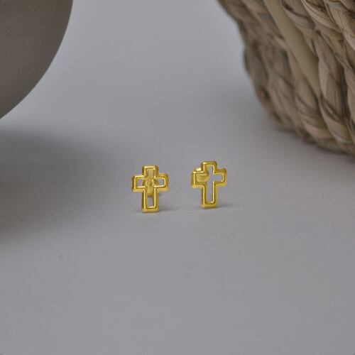 Aretes | Broqueles Cruz Oro 10k Piercing | Niña + Estuche.