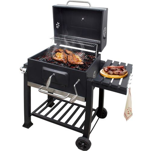 Asador Carbon 24 Pulgadas Con Parrillas Altura Ajustable Ahumador Termometro 