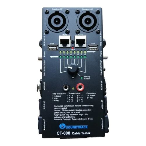 Probador de cables SOUNDTRACK CT-008 XLR PLUG RCA SPEAKON USB RJ45.
