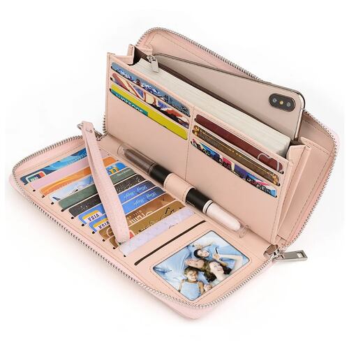 Cartera Uto Con 18 Bolsillos Y Brazalete Para Mujer Rosa.