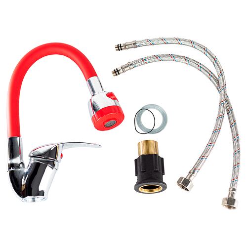 Mezcladora monomando de zinc con cuello flexible para fregadero de cocina.