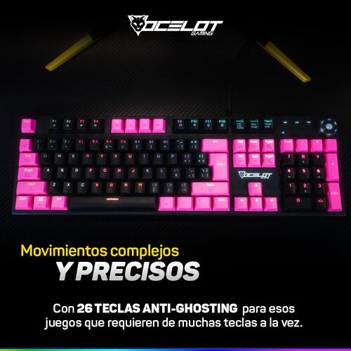 Teclado Ocelot Gaming OGMK04, Mecánico, USB, RGB, Negro con Rosa.