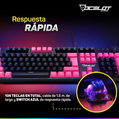 Teclado Ocelot Gaming OGMK04, Mecánico, USB, RGB, Negro con Rosa.