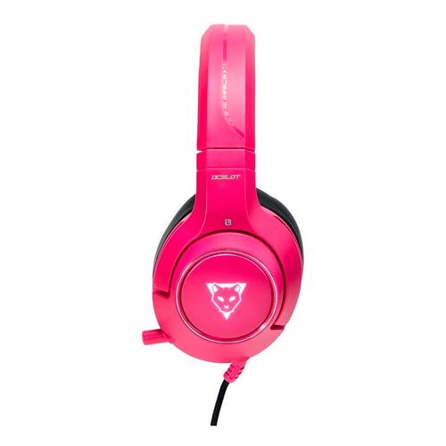 AUDIFONOS GAMER OCELOT TIPO DIADEMA/OVER-EAR/USB/3.5MM/COLOR ROSA CON NEGRO/ALAMBRICOS/ILUMINACION BLANCA/CONTROL DE AUDIO/MICROFONO CANCELACION DE RUIDO/AJUSTABLES/MULTIPLATAFORMA