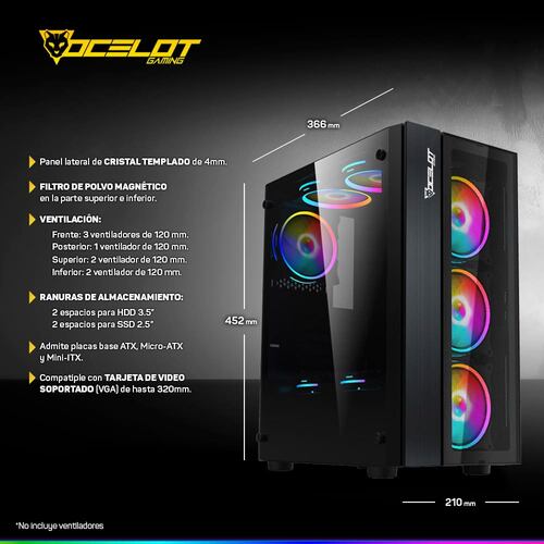 Gabinete Ocelot Gaming OGEC02, ATX, Cristal Templado, sin Fuente, Negro.