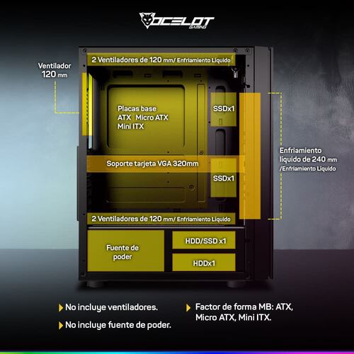 Gabinete Ocelot Gaming OGEC02, ATX, Cristal Templado, sin Fuente, Negro.