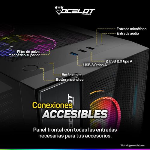 Gabinete Ocelot Gaming OGEC02, ATX, Cristal Templado, sin Fuente, Negro.