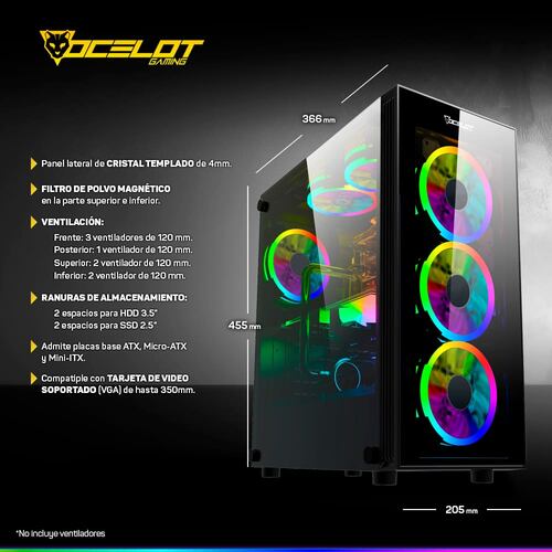 Gabinete Ocelot Gaming OGMC01, ATX, Cristal Templado, sin Fuente, Negro.