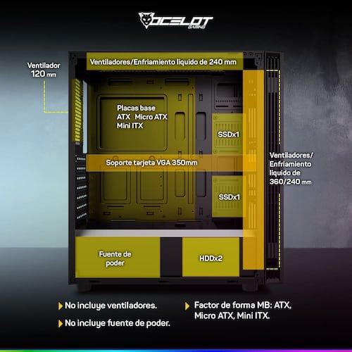 Gabinete Ocelot Gaming OGMC01, ATX, Cristal Templado, sin Fuente, Negro.