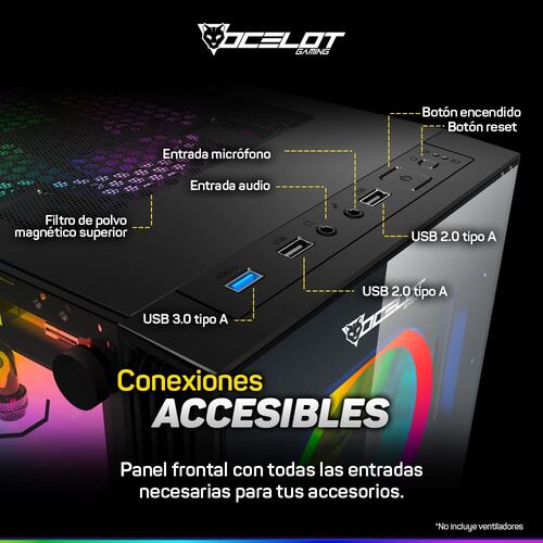 Gabinete Ocelot Gaming OGMC01, ATX, Cristal Templado, sin Fuente, Negro.