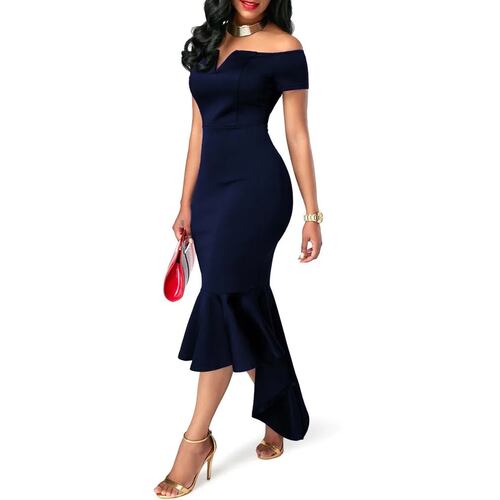 Elegante Vestido Mullet Con Manga Corta Sin Hombres NEGRO o AZUL