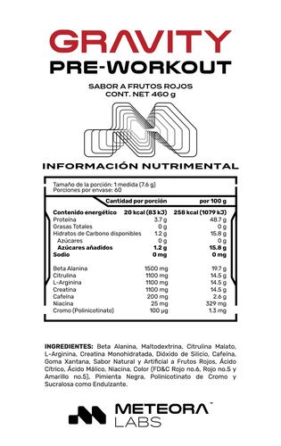 METEORA LABS | Gravity Pre-Workout | Pre entrenador | Suplemento Alimenticio en Polvo para preparar Bebidas Energéticas | Sabor a Frutos Rojos | 460 g | 60 porciones por envase