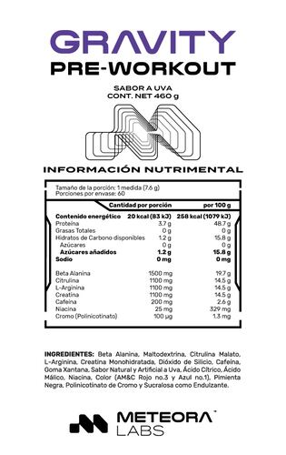 METEORA LABS | Gravity Pre-Workout | Pre entrenador | Suplemento Alimenticio en Polvo para preparar Bebidas Energéticas | Sabor a Uva | 460g | 60 porciones por envase