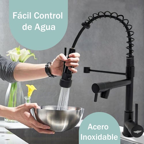 Grifo Mezclador de Cocina Monomando Fregadero Llave Giratoria Manguera Expandible Negro