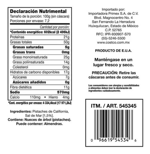 Pistaches Californianos Semiabiertos Con Sal 1.36kg Kirkland