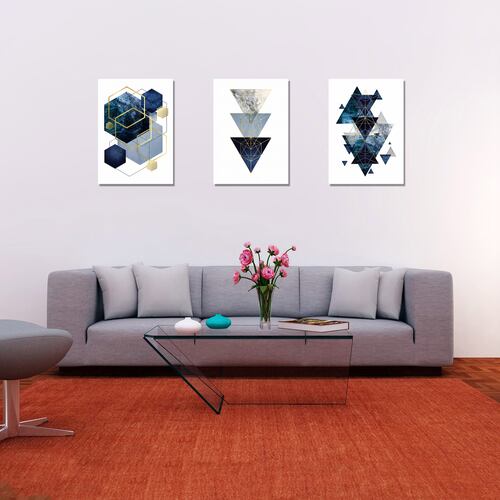 Cuadros Decorativos Set de 3 pzs figuras geométricas moderno Azul 40 X 60 cm