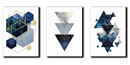 Cuadros Decorativos Set de 3 pzs figuras geométricas moderno Azul 40 X 60 cm