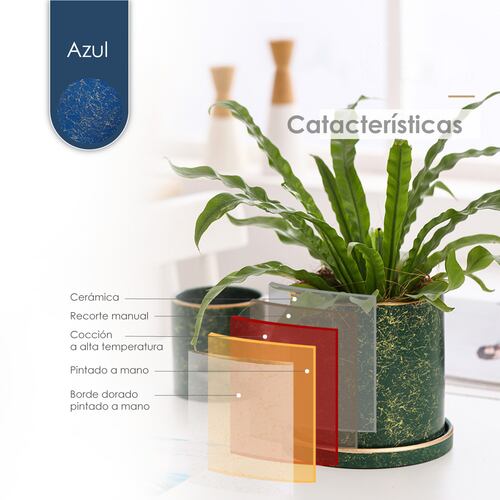 Ilios Innova Macetero borde dorado 15 cm alto, maceta de cerámica con plato de base, Elegante maceta para flores.